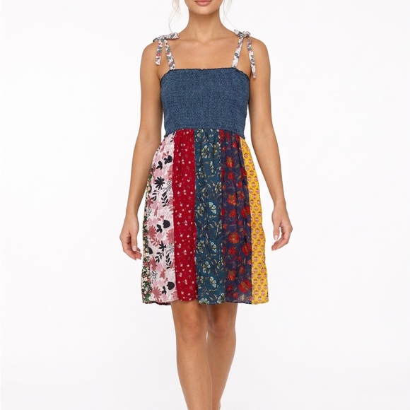 young threada Dresses & Skirts - Smocked Bodice Tiered Patchwork Floral Sundress - Blue Multi size XL
